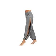 Imagem de Calças femininas casual sólido oco elástico para treino de cintura esportiva calças com perna larga hobby