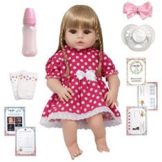 Imagem de Boneca Reborn Infantil 46cm Laura Cabelo Longo Vários Itens - Cegonha