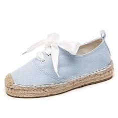 Imagem de U-lite Tênis feminino de lona branco plataforma alpargata, clássico, moderno, confortável, casual, cadarço e cano baixo, Azul-celeste, 37