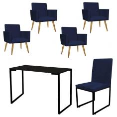 Imagem de Kit Escritório Stan 4 Poltronas com Cadeira e Mesa Industrial Tampo Preto Suede Azul Marinho - Ahz Móveis