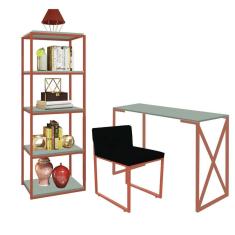 Imagem de Kit Escritório Bex 1 Cadeira Suede Preto com 1 Mesa e 1 Livreiro Ferro Bronze MDF Verde Oliva - Ahazzo Móveis