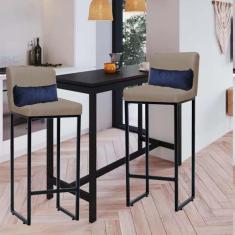 Imagem de Kit 02 Banqueta Alta com Encosto Lucca Industrial Cozinha Balcão Ferro Preto Sintético Bege e Almofada Azul Marinho - Ahazzo Móveis