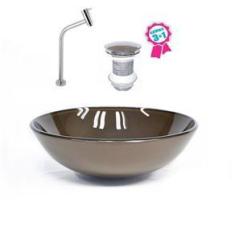 Imagem de Cuba De Vidro Redonda 35Cm Marrom + Válvula Click + Torneira De Metal