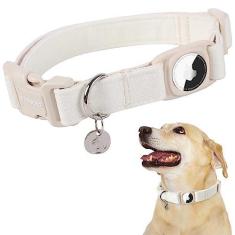 Imagem de DOGWONG Coleira para cães de cânhamo de algodão AirTag, coleira resistente com suporte de airtag, coleira branca para cães de estimação de tecido natural durável, colar de cachorrinho fofo para cães