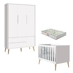 Imagem de Berço Americano E Guarda Roupa 3 Portas Theo Branco Pés Madeira Natural Com Colchão Gazin - Reller