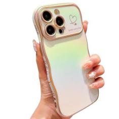Imagem de phylla Capa de telefone para iPhone 16 Pro Max 5g 17.5 cm linda moldura ondulada encaracolada luxuosa banhada a laser iridescente amor corações padrão arco-íris capa de proteção de lente levantada