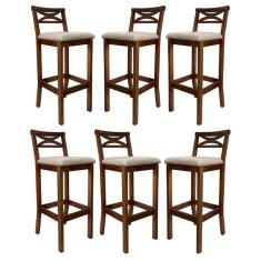 Imagem de Kit 6 Banquetas Alta X Estofada 38x103Cm Ilha Encosto Madri Madeira Maciça Castanho Suede Bege CCS