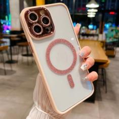 Imagem de Capa transparente de carga sem fio com glitter para iPhone 14 13 12 11 Pro Max 14 Plus Capa magnética de luxo, rosa, para iPhone 13Promax
