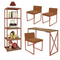 Imagem de Kit Escritório Bex 3 Cadeiras Suede Terracota com 1 Mesa e 1 Livreiro Ferro Bronze MDF Imbuia - Ahazzo Móveis