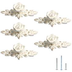 Imagem de PDETVEO 5 peças vintage Euro rosas decoram puxadores de gaveta com placas, puxador de gaveta marfim floral branco marfim, puxador de gaveta de flores de liga de zinco para armário de cômoda (marfim