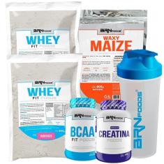Imagem de Kit 2x Whey Protein Fit 500g + Creatina 100g + BCAA Fit 100g + Waxy Maize 800g + Coq - BRN Foods-Unissex