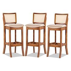 Imagem de Kit 3 Banquetas Alta em Madeira Imbuia Portugal Estofada Linho Bege M58 RMI