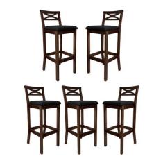 Imagem de Kit 5 Banquetas Alta Estofada para Bancada Madri Madeira Capuccino Suede Preto CCS