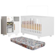 Imagem de Quarto de Bebê com Berço Mini Cama com Colchão Life e Cômoda 100% Mdf 1 Porta 3 Prateleiras Flocos Branco