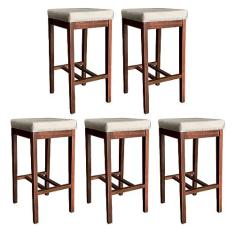 Imagem de Kit 5 Banquetas Alta Estofada Bali 74 Cm Madeira Maciça Suede Bege CCS