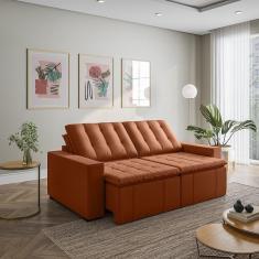 Imagem de Sofá Cama Retrátil e Reclinável 3 Lugares 220cm em Veludo com Molas e Braço Reto Palmeira Cabecasa M Terracota