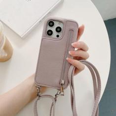 Imagem de Carteira com zíper espelho de maquiagem capa de telefone com cordão crossbody para iPhone 14 Pro Max 13 12 11 XR XS 7 8 Plus capa de couro com bolso para cartão, roxo claro, para iPhone 7(8)