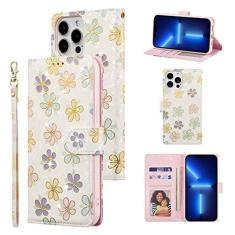 Imagem de UEEBAI Capa carteira para iPhone 13 Pro Max de 6,7 polegadas, capa de telefone de couro PU com suporte e bloqueio de RFID, capa flip com compartimentos para cartões, alça de pulso, padrão gravado,