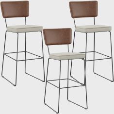 Imagem de Kit 03 Banqueta Alta Cozinha Sala Jantar Allana L02 Couríssimo Marrom Linho Champagne - Lyam Decor
