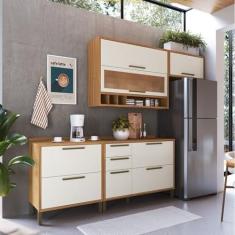 Imagem de Cozinha Compacta 200cm com 4 Peças Vidro Reflecta e 3 Gavetas 100% Mdf Vicenza Espresso Móveis Amêndoa/Off White