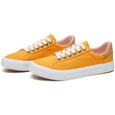 Imagem de Iarus Tênis feminino moderno de lona branco de cano baixo, confortável, respirável, com cadarço, Amarelo, 36