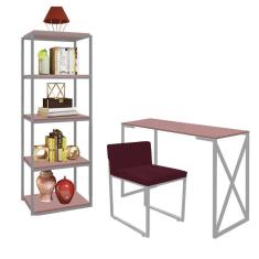 Imagem de Kit Escritório Bex 1 Cadeira Suede Bordô com 1 Mesa e 1 Livreiro Ferro Cinza MDF Rose Rosa - Ahazzo Móveis