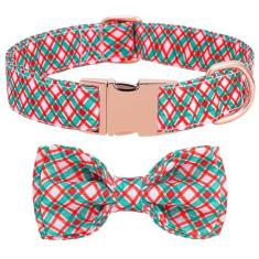 Imagem de Coleira de Natal para cães com gravata borboleta, estampa xadrez de Natal ajustável, coleira fofa com fivela de metal para cães pequenos, médios e grandes, presente para animais de estimação (P 25 a