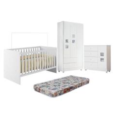 Imagem de Quarto de Bebê com Berço com Colchão Suporte, Cômoda 1 Porta 4 Gavetas e Roupeiro 3 Portas 2 Gavetas Branco