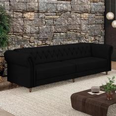 Imagem de Sofá Living Stanford Chesterfield 3 Lugares 240cm Pés De Madeira Couro Preto G58 Gran Belo
