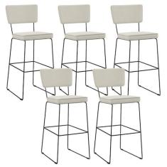 Imagem de Kit 05 Banquetas Alta Cozinha Sala De Jantar Base Aço Fixa Allana L02 Linho Champagne - Lyam Decor