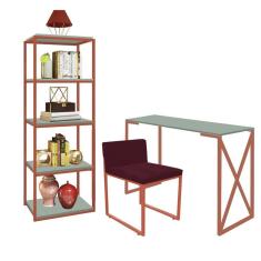 Imagem de Kit Escritório Bex 1 Cadeira Suede Bordô com 1 Mesa e 1 Livreiro Ferro Bronze MDF Verde Oliva - Ahazzo Móveis
