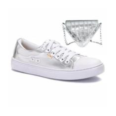 Imagem de Kit Tênis Feminino e Bolsa Metalizada Mini Triangulo Ombro Balada Festa Réveillon Prateado-Feminino