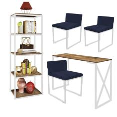 Imagem de Kit Escritório Bex 3 Cadeiras Suede Azul Marinho com 1 Mesa e 1 Livreiro Ferro Branco MDF Carvalho - Ahazzo Móveis