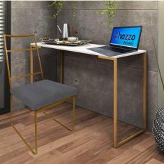 Imagem de Kit Escritório Stark Cadeira e Mesa Industrial Ferro Dourado Tampo MDF Branco Sintético Cinza - Ahz Móveis