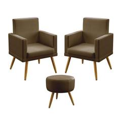 Imagem de Kit 2 Poltronas Decorativas Estofadas Vega Rodapé Com Puff Solar Para Sala de Estar Sued Capuccino Aradecor