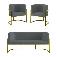 Imagem de Kit 2 Cadeiras Poltronas + Sofá 2 Lugares Base De Metal Dourado Cinza