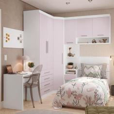 Imagem de Quarto De Canto Solteiro Com Guarda Roupas Cabeceira E Escrivaninha Alpes Luciane Móveis Branco Pf Com Rosa Pf