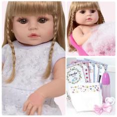 Imagem de Boneca Reborn Loira Princesa Cabelo Longo Com Chupeta Itens - Cegonha