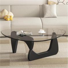 Imagem de Mesa de centro de vidro com base de madeira maciça para sala de estar, mesa de centro triangular, mesa final abstrata para sala de estudo, escritório, varanda de hotel, A
