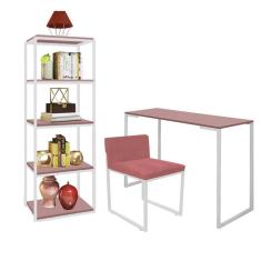 Imagem de Kit Escritório Ravi 1 Cadeira Suede Rose com 1 Mesa e 1 Livreiro Ferro Branco MDF Rose Rosa - Ahazzo Móveis