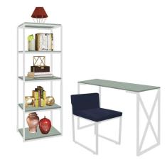 Imagem de Kit Escritório Bex 1 Cadeira Suede Azul Marinho com 1 Mesa e 1 Livreiro Ferro Branco MDF Verde Oliva - Ahazzo Móveis