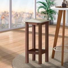 Imagem de Banqueta De Madeira Maciça Alta Castanho Assento Estofado Material Sintético Bege Nemargi