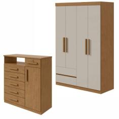 Imagem de Conjunto de Guarda-Roupa 4 Portas 2 Gavetas Zeus e Cômoda 1 Porta 6 Gavetas 1 Nicho Da Vinci Amêndoa Clean/Off White