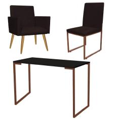 Imagem de Kit Escritório Stan Poltrona com Cadeira e Mesa Industrial Tampo Preto Bronze Tecido Sintético Marrom - Ahz Móveis