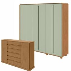 Imagem de Conjunto de Guarda-Roupa Casal Loop 6 Portas com Pés e Cômoda 2 Portas Vedra  Amendoa Clean/Salvia