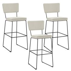 Imagem de Kit 03 Banquetas Alta Base Aço Fixa Linho Champagne