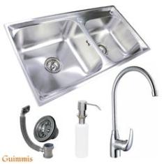 Imagem de Cuba Dupla 7742 Escovada+Torneira Roma Gourmet Inox Guimmis®