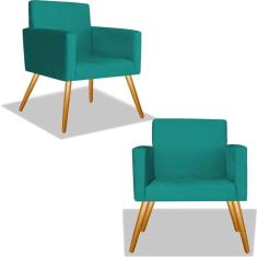 Imagem de Kit 02 Poltronas Decorativa Nina Pés Madeira Suede Turquesa