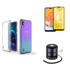 Imagem de Kit Mini Som Bluetooth Samsung A01 + Capa Anti Impacto + Película Vidro 3D