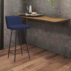 Imagem de Kit Mesa Suspensa de Parede Fixa MDF Castanho + 1 Banqueta Lexi Ferro Marrom Sintético Azul Marinho - Ahazzo Móveis